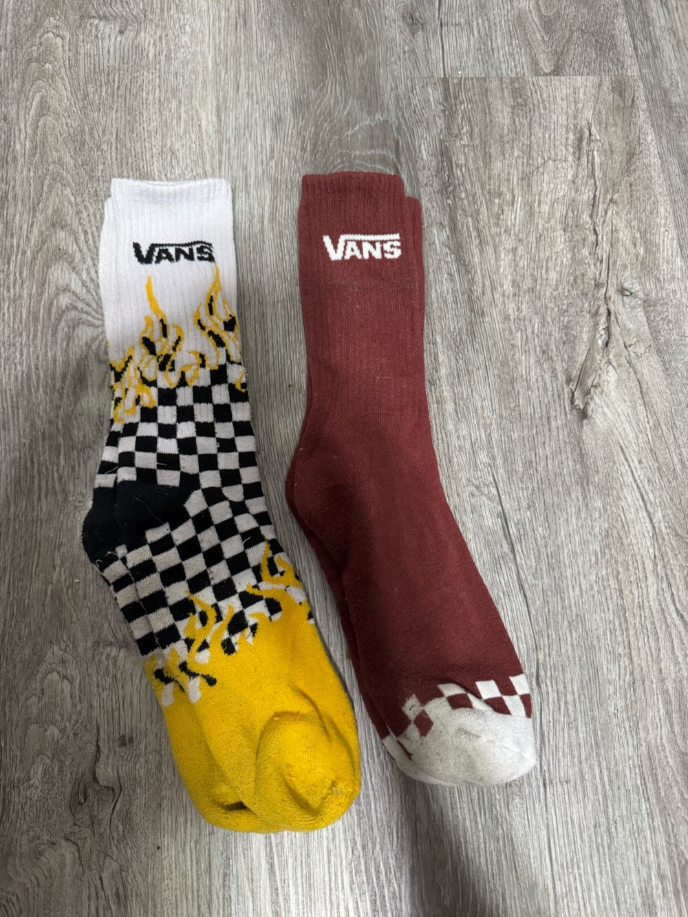 Vans Men’s Maroon and Yellow Checker Flame Crew Socks